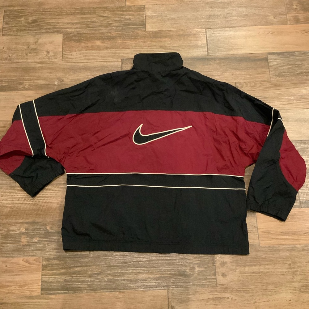 Vintage Nike Windbreaker Mens Large 90’s Big Swoosh Black And Maroon Zip Up